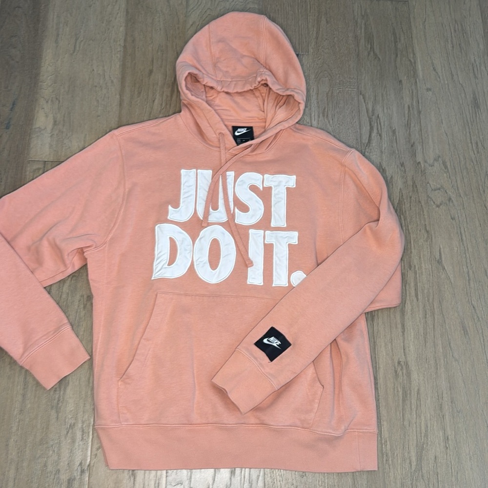 Nike Pink Quartz/ White Hoodie with 'Just Do It' Slogan Size Medium - Picture 3 of 10